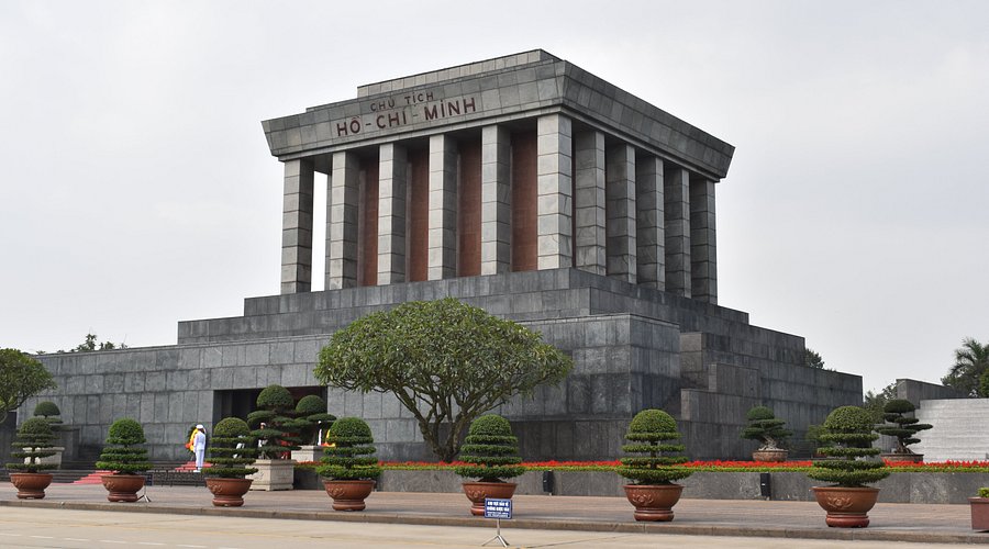Ho Chi Minh Mausoleum in Hanoi with guards standing at attention